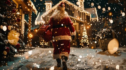 An idyllic winter scene with snow falling. Santa Claus walking in front yard of a house decorated with lights and garlands, bringing gifts and gifts to children.