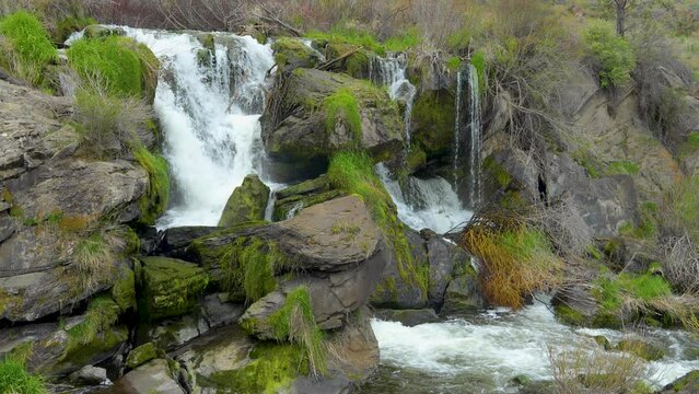 Serene Cline Falls waterfall in Central Oregon on Deschutes River | 4K