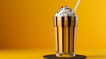 Yellow Milkshake with White Cream and Chocolate on a Yellow Backdrop with Copy Space