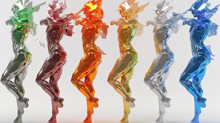 Colorful clear plastic statue with dynamic dance moves.