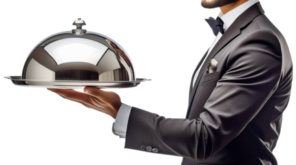 Close-up and side view of a hand of waiter or chef, holding a metal domed tray (silver tray with reflective dome), isolated on white or transparent background, png. Generative Ai.
