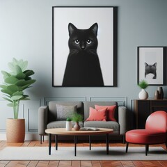A living room with a template mockup poster and with a couch and a picture of a cat image art attractive harmony.