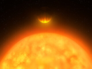 A planet falls on a star. Hot exoplanet in the sun's atmosphere. An extrasolar planet near a star.
