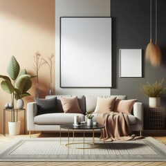 A living room with a template mockup poster empty white and with a couch and a coffee table harmony has illustrative meaning used for printing.