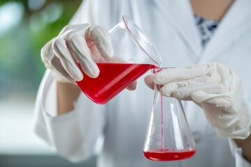 A scientist wearing gloves is pouring a red liquid from one beaker to another.