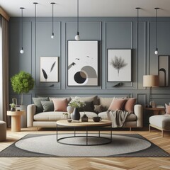 A living room with a template mockup poster empty white and with a couch and a coffee table lively has illustrative meaning used for printing.