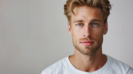 Obraz premium copy space, high resolution photo, 30 year very attractive man, beautiful blue eyes he is very strong, blonde hair, defined jawline, wearing a simple T-shirt, he looks very confident