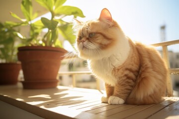 Environmental portrait photography of a curious exotic shorthair cat scratching while standing against sunny balcony