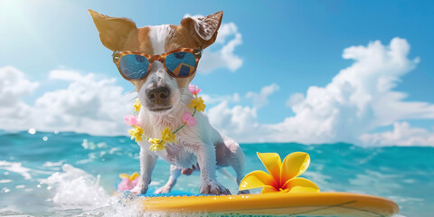 jack russell dog surfing on a wave , on ocean sea on summer vacation holidays, with cool sunglasses and flower chain