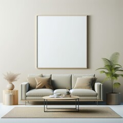 A living room with a template mockup poster empty white and with a couch and a plant image realistic harmony lively.