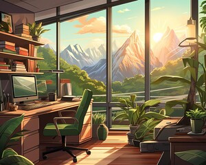 An illustration of a home office with a large window looking out onto a mountain landscape