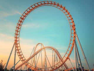 A Roller Coaster at Summer in an Attraction Park, blue sky