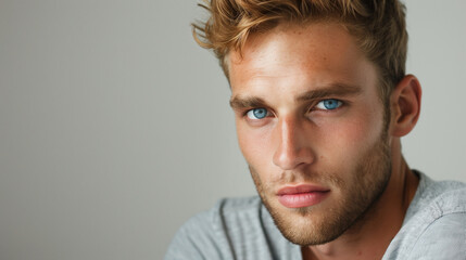 Fototapeta premium copy space, high resolution photo, 30 year very attractive man, beautiful blue eyes he is very strong, blonde hair, defined jawline, wearing a simple T-shirt, he looks very confident