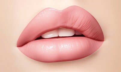 Close-Up of Beautiful Plump Lips in Soft Pink Shade, Natural Lip Color