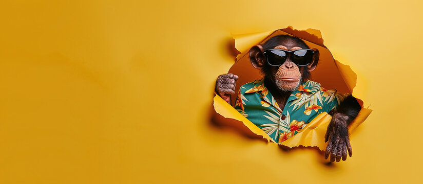 happy monkey ​​in sunglasses and hawaiian shirt peeking out of a paper hole. copy space, creative banner