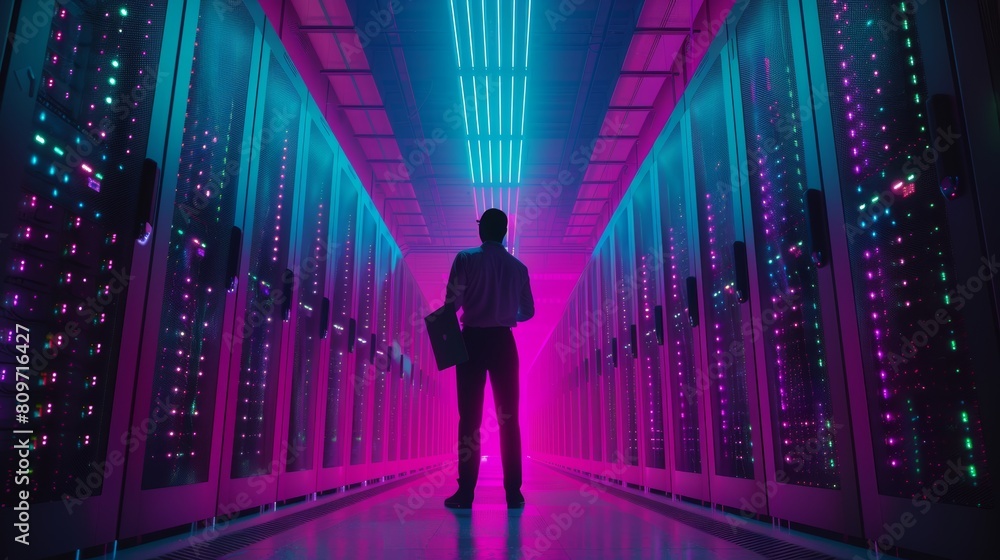 Poster an it specialist stands beside a row of operational server racks, using a laptop for maintenance. co