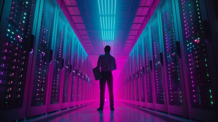 An IT specialist stands beside a row of operational server racks, using a laptop for maintenance. Concept for cloud computing, artificial intelligence, and supercomputers. Neon lights.