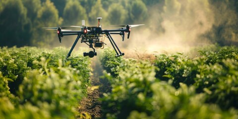 Drone over farmland with soil moisture monitoring, yield problems and send information to smart farmers. High technology innovations to increase agricultural productivity.