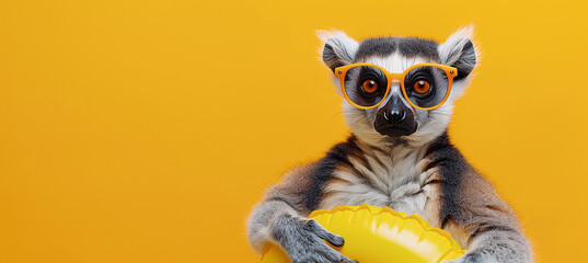 happy lemur ​​in sunglasses and with an inflatable ring on his neck. copy space, creative banner