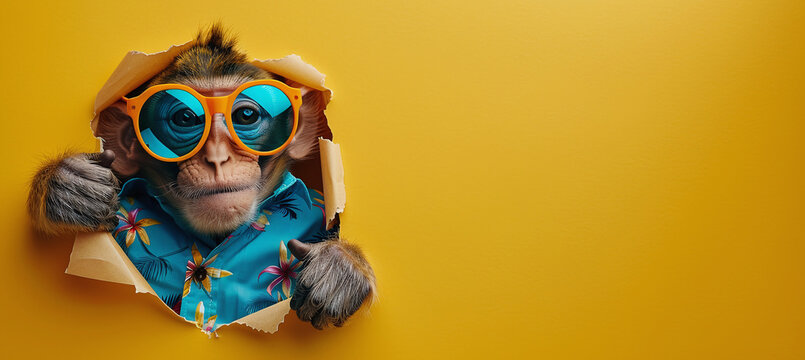 happy monkey ​​in sunglasses and hawaiian shirt peeking out of a paper hole. copy space, creative banner