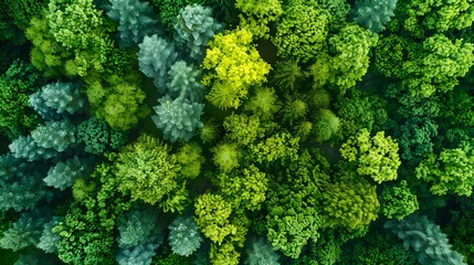 Fototapeta premium Top view of a young green forest in spring or summer, in the style of natural beauty, vibrant colors