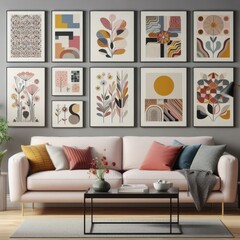 A living room with a template mockup poster empty white and with a couch and art on the wall image has illustrative meaning.