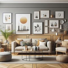 A living room with a template mockup poster empty white and with a couch and chairs image has illustrative meaning used for printing card design.