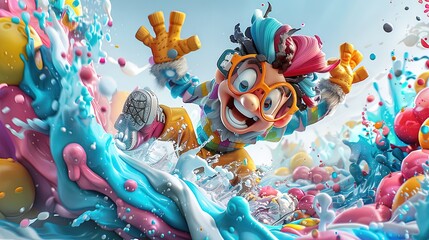 Expressive 3D characters are captured in dynamic leaps on colorful and festive backdrops.