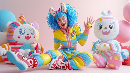 Naklejka premium Expressive 3D characters are captured in dynamic movement on colorful and festive backdrops.