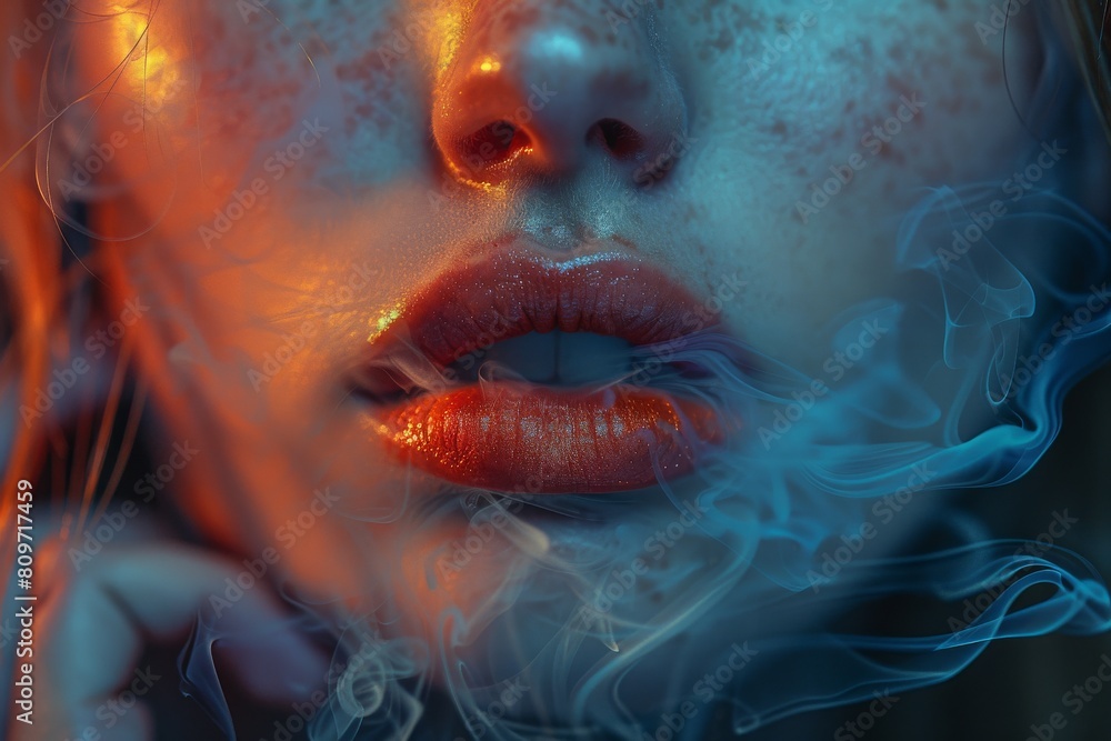 Poster abstract smoky texture with a smooth gradient from blue to red hues, creating an ethereal atmosphere