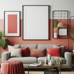A living room with a template mockup poster empty white and with a couch and plants image art used for printing.