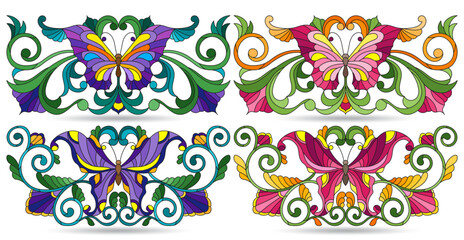 A set of stained glass illustrations with compositions of butterflies and flowers, isolated on a white background