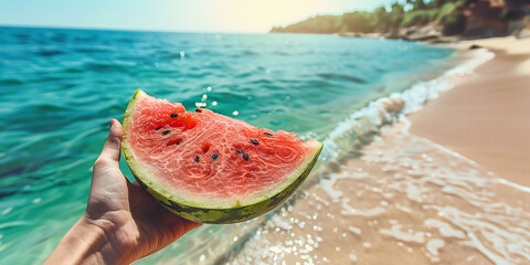 Watermelon slice in woman hand over sea - POV. Summer beach concept