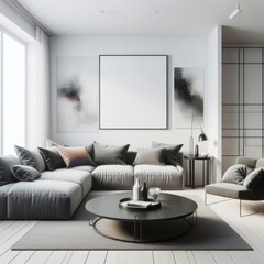 A living room with a template mockup poster empty white and with a large couch and a coffee table art realistic photo.