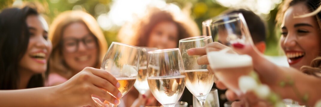 A group of female friends clink wine glasses in a sunny outdoor toast