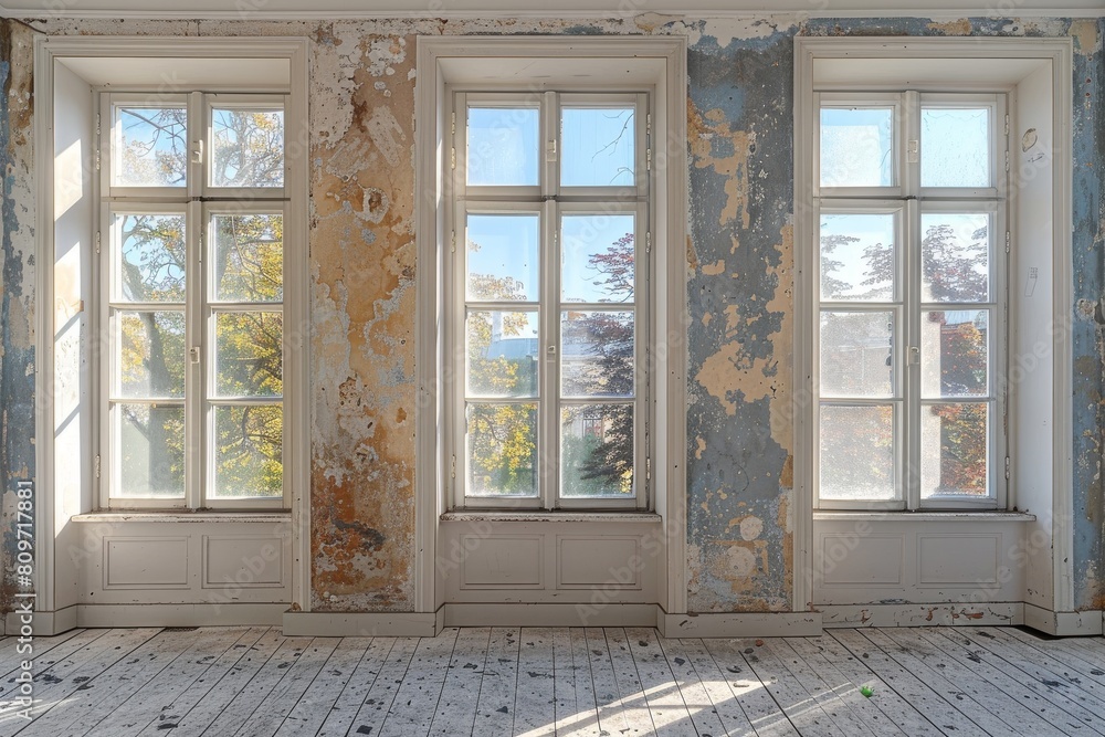Poster an old room displaying the passage of time with flaking blue paint and an array of natural light com