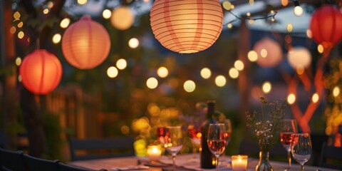 A cozy outdoor evening setting with illuminated lanterns, candles, and a dining table