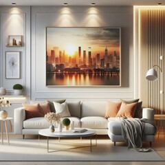 A living room with a template mockup poster empty white and with a large painting on the wall image art realistic.