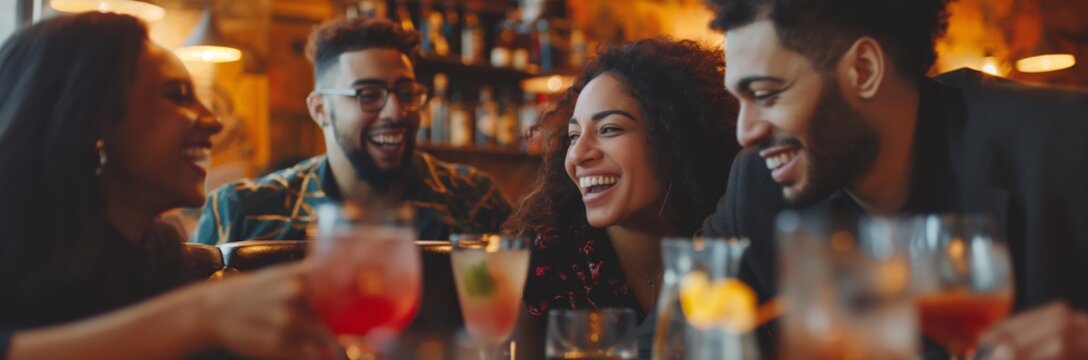 Group of diverse friends laughing and drinking cocktails at a social gathering in a dimly lit bar