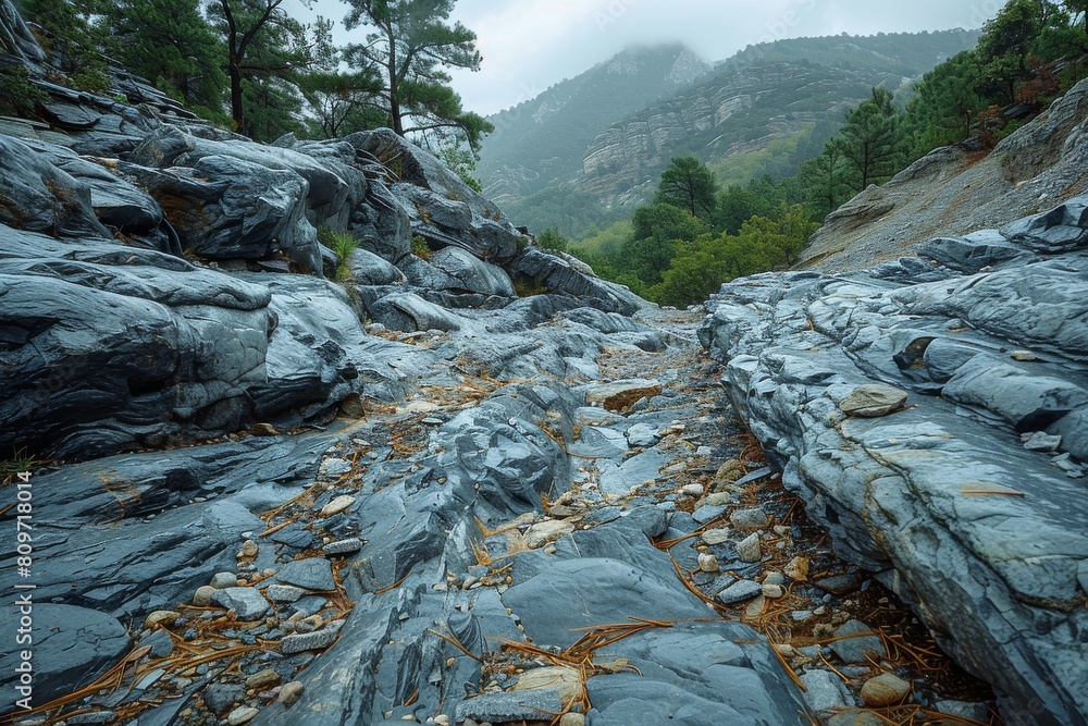 Poster a tranquil path through a forest with towering rocks and lush greenery, inviting exploration and adv