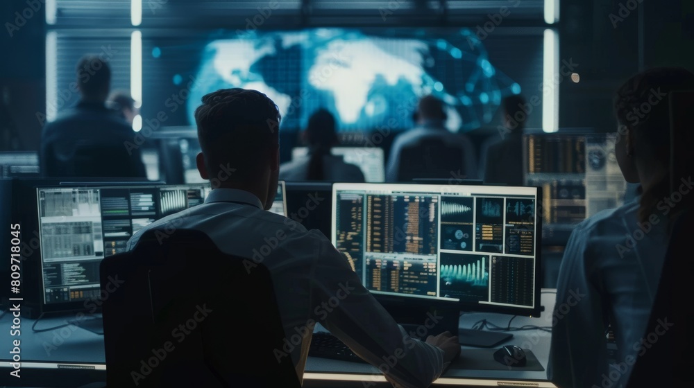 Poster a team of computer operators works on computers in a control room. a team of secret government agenc