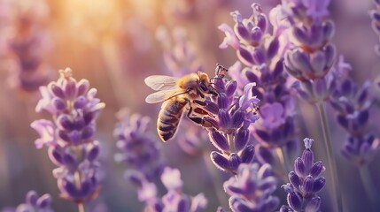 This is a beautiful image of a bee pollinating a lavender flower. The bee is perched on the flower...