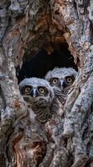 Naklejka premium Bright-eyed baby owls peeking out from their nest in an old tree