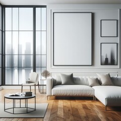A living room with a template mockup poster empty white and with a large window and a large sofa image art attractive harmony.