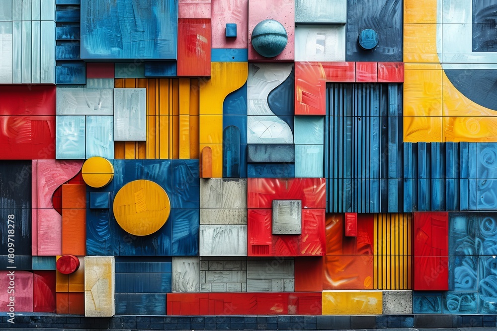 Poster striking image of an assortment of abstract wooden panels painted in bright, contrasting colors with