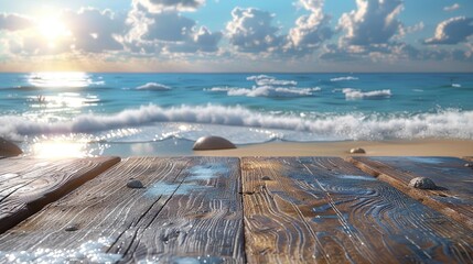 Abstract empty wooden desk tabletop with copy space over summer sand beach blurred background.