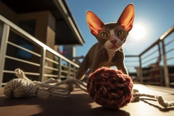 Environmental portrait photography of a happy cornish rex cat playing with ball of wool isolated on sunny balcony