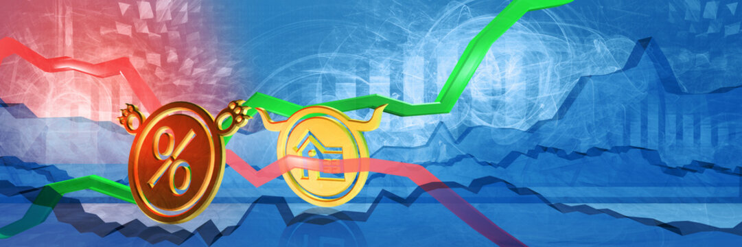 mortage interest rate drop while real estate prices grow. housing market crash concept. 3D illustration of bearish trend due to unefficient monetary policy