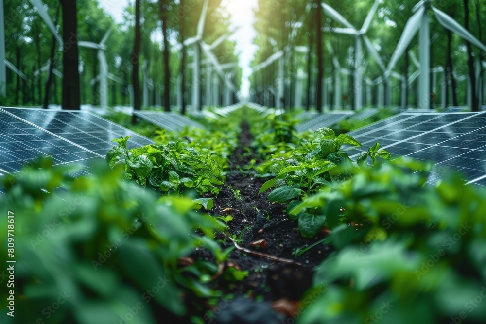 Wall mural eco-friendly solar panels amidst vibrant green plants, harnessing renewable energy from sunlight