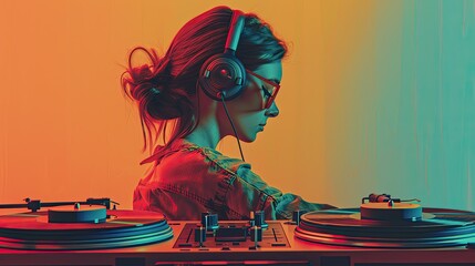 A girl with headphones near the DJ console. Retro disco.